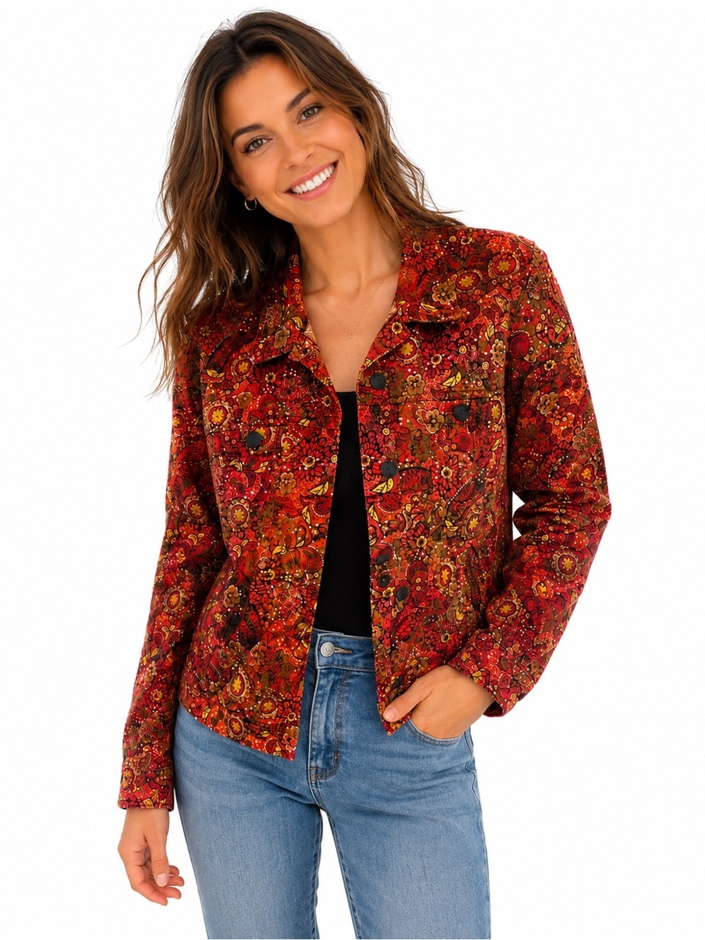 Christopher & Banks Red Floral Paisley Jean Jacket